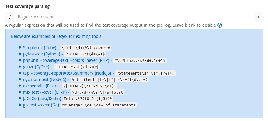 Gérer le format de vos résultats de couverture dans l'interface. Page de paramétrage de Gitlab-CI pour configurer le format du taux de couverture